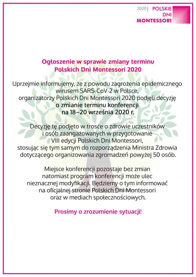 Ogłoszenie w sprawie zmiany terminu Polskich Dni Montessori 2020 zdjęcie