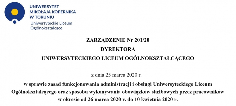 Zarządzenie Dyrektora ULO nr 201/20 zdjęcie