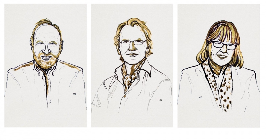 Od lewej Arthur Ashkin, Gérard Mourou i Donna Strickland, zdobywcy Nobla 2018 z fizyki fot.grafika: Niklas Elmehed Zdjęcie ilustracyjne