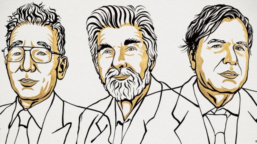 Syukuro Manabe, Klaus Hasselmann i Giorgio Parisi otrzymali fizyczną Nagrodę Nobla w 2021 roku fot.Twitter/The Nobel Prize Obrazek nagrodzonych Nagroda Nobla z fizyki Syukuro Manabe, Klaus Hasselmann i Giorgio Parisi wykonany czarnym kolorem. Twarze dodatkowo mają jasnobrązowe cienie.