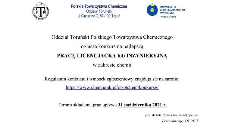 obrazek wiadomości: Konkurs na najlepszą pracę licencjacką lub inżynieryjną w zakresie chemii obrazek wiadomości: Konkurs na najlepszą pracę licencjacką lub inżynieryjną w zakresie chemii