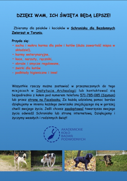 Akademickie Koło Badań Podwodnych organizuje świąteczną zbiórkę dla Schronisko Dla Zwierząt Toruń
