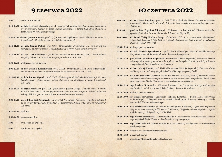 Program konferencji "Przemiany życia społecznego i gospodarczego ludności wiejskiej w Polsce i krajach sąsiednich w okresie międzywojennym" fot.materiały organiztorów Program konferencji przedstawiony w formie pliku graficznego, bez warstwy tekstowej