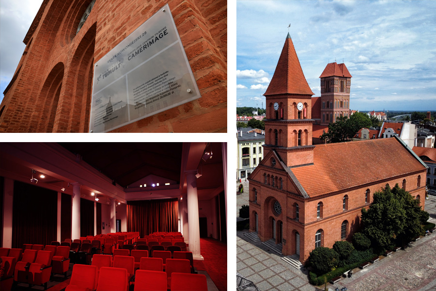 na zdjęciu sala kinowa oraz widok siedziby kina (dawny zbór ewangelicki na środku Rynku) widziany w lotu ptaka