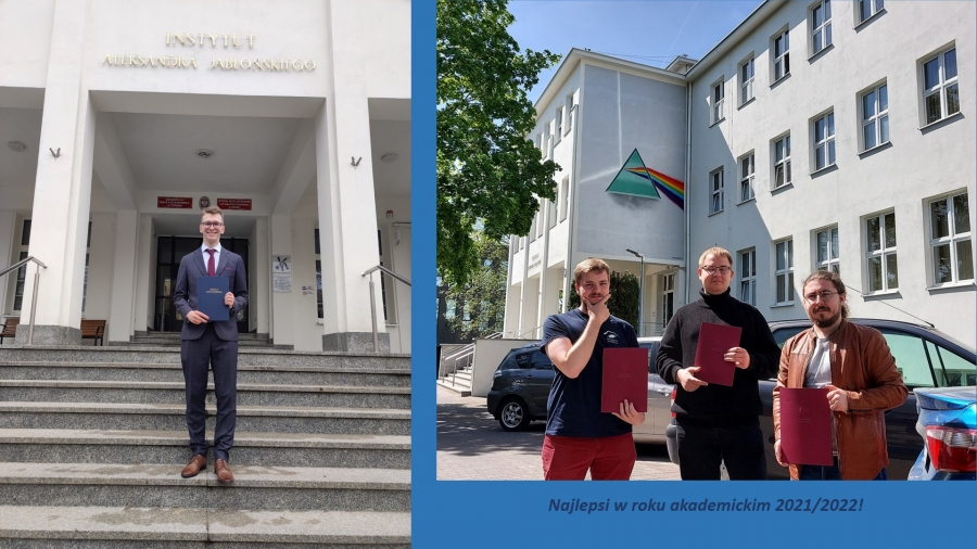 Inż. Hubert Stefaniak (po lewej) oraz mgr Krzysztof Lisiecki, mgr Kamil Stankiewicz, mgr Maciej Gancewski (po prawej) fot.nadesłane Zestawienie dwóch zdjęć prezentujących najlepszych: studenta, absolwenta i wyróżnionych przez Dziekana za osiagnięcia w roku akad. 2021/2022
