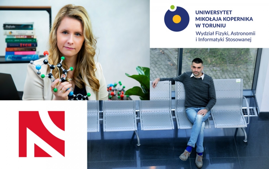 dr Karolina Rumińska-Mikulska, dr hab. Piotr Wcisło, prof. UMK fot.Andrzej Romański/ Studio AiR Bros dr Karolina Rumińska-Mikulska trzymająca model cząsteczki, dr hab. Piotr Wcisło, prof. UMK, siedzi na ławce w budynku przy oknie i patrzy w górę w obiektyw aparatu