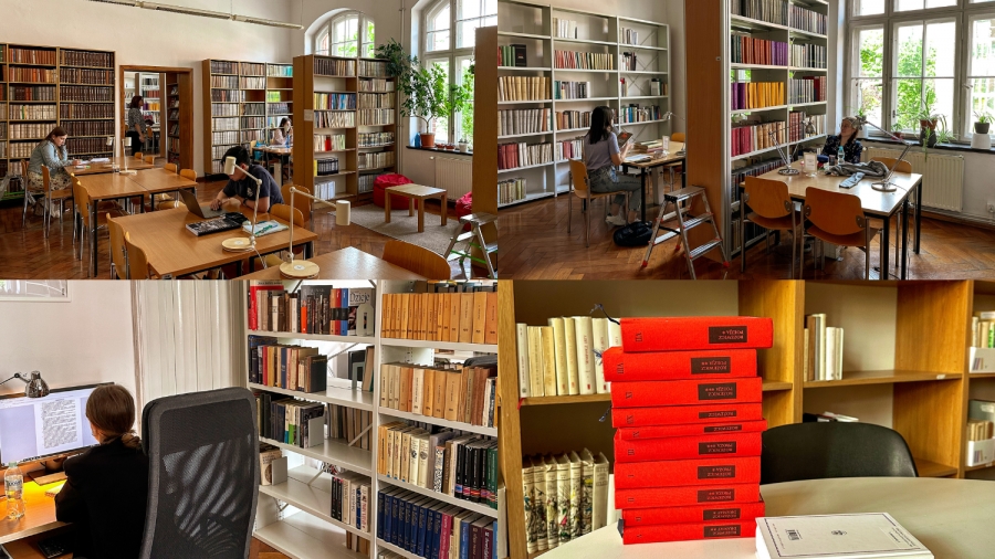 obrazek: fot.Milena Śliwińska Kolaż czterech zdjęć. Różne ujęcia na bibliotekę w Collegium Maius