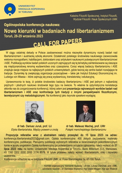 Ogólnopolska konferencja naukowa: Nowe kierunki w badaniach nad libertarianizmem Toruń, 28-29 września 2023