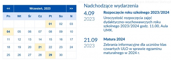 Kalendarium na rok szkolny 2023/2024 w ULO