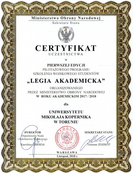 Legia Akademicka - Certyfikat zdjęcie