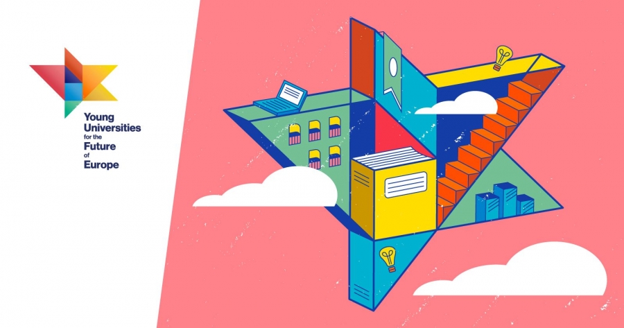 Applicants freely define their research project related to citizen well-being or European identity photo:project Anna Jaszczuk Graphic depicts YUFE logo with various attributes related to science: light bulb, book, laptop, stairs which goes up, graph bars