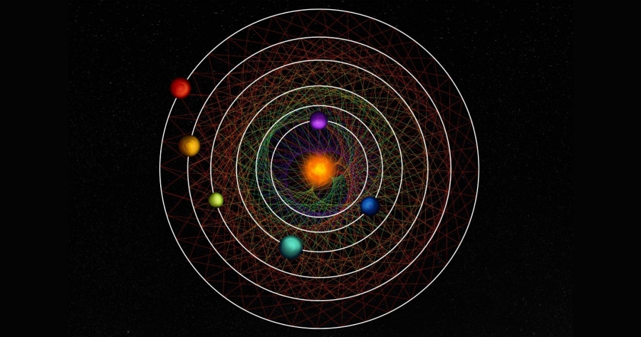 Orbity sześciu planet krążących wokół gwiazdy o nazwie HD110067 - dzięki zjawisku rezonansu - tworzą geometryczny wzór fot.il. Thibaut Roger/NCCR PlanetS Zdjęcie ilustracyjne