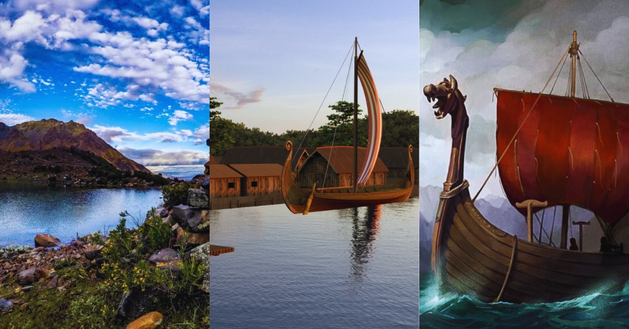 trzy zdjęcia: widok na jezioro i górę, łódź wikingów w tle drewniane domki, łódź wikingów na otwartym morzu