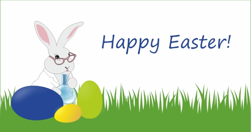 Easter rabbit holding a chemical flask among the easter eggs in NCU colours. Text: Happy Easter!