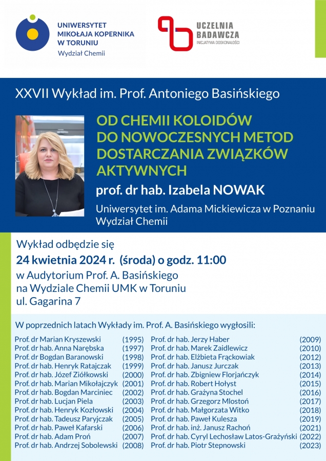 Na niebieskim tle napisy wraz ze zdjęciem kobiety - prelegentki: XXVII Wykład im. Prof. Antoniego Basińskiego; Od Chemii koloidów do nowoczesnych metod dostarczania związków aktywnych; prof. dr hab. Izabela Nowak Uniwersytet im. Adama Mickiewicza w Poznaniu Wydział Chemii