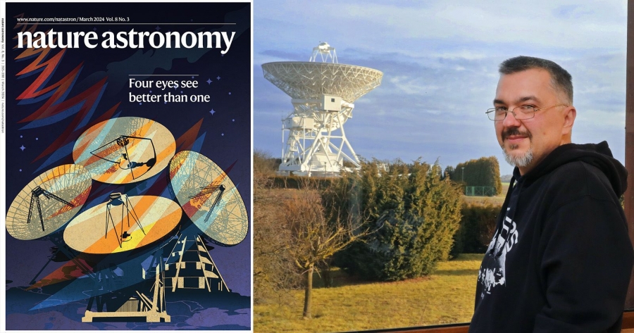 The latest issue of Nature Astronomy features an image of RT4 in the foreground photo:fot. Andrzej Romański/il. Nature Astronomy Collage: on the left a graphic with four radiotelescopes, on the right a man stands by the window, in the background there is a radiotelescope