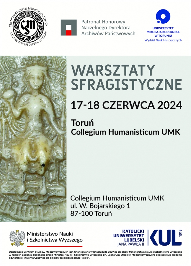 Plakat informujący o warsztatach, zilustrowany fragmentem pieczęci z wizerunkiem króla siedzącego na tronie.
