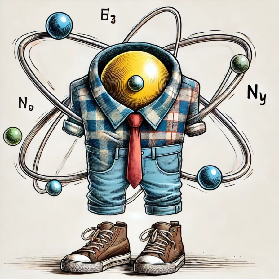 fot.grafika wygenerowana z wykorzystaniem sztucznej inteligencji Obrazek przedstawia artystyczną ilustrację modelu atomu z ludzkim akcentem. Jądro atomu jest reprezentowane przez dużą, błyszczącą złotą kulę, otoczoną orbitującymi elektronami, które są przedstawione jako mniejsze niebieskie kule. Struktura atomu jest zintegrowana z elementami ludzkiego ubioru; jądro nosi koszulę z kołnierzykiem, czerwoną krawatkę i coś, co wygląda na dżinsowe spodnie. Poniżej spodni widoczne są dwa brązowe buty, sugerujące nogi. Cały obrazek łączy naukową symbolikę z ludzkimi cechami w zabawny i kreatywny sposób.