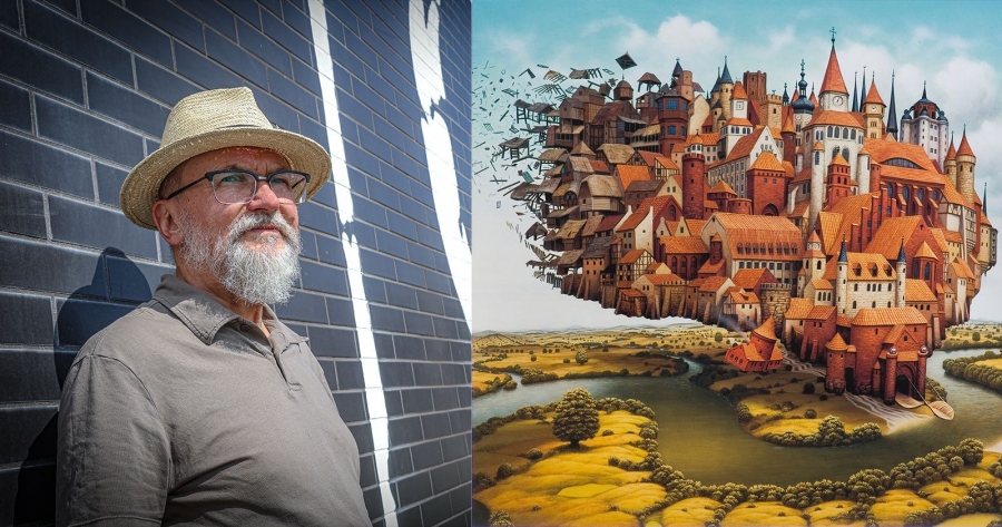 Jacek Yerka to twórca o nieskrępowanej wyobraźni i charakterystycznym stylu, rozpoznawalnym na całym świecie. Jego prace odznaczają się warsztatową perfekcją oraz dbałością o szczegóły fot.fot. Andrzej Romański na zdjęciu Jacek Yerka i jego praca przedstawiająca panoramę Torunia
