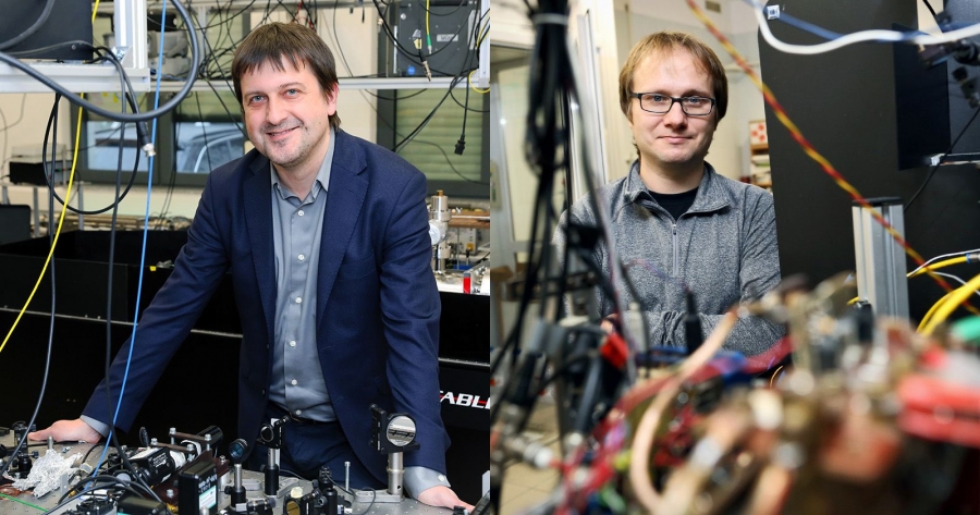 Dr hab. Piotr Masłowski, prof. UMK oraz dr hab. Michał Zawada, prof. UMK z Wydziału Fizyki, Astronomii i Informatyki Stosowanej są koordynatorami prac na UMK w dwóch projektach dotowanych przez FENG fot.fot. Andrzej Romański Kolaż złożony z dwóch zdjęć. Po lewej prof. Masłowski, a po prawej prof. Zawada w laboratoriach na Wydziale Fizyki, Astronomii i Informatyki Stosowanej