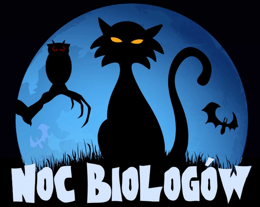 Noc Biologów 2025 fot.Nadesłane Czarny kot, nietoperz i sowa na tle księżyca i stylizowany napis NOC BIOLOGÓW