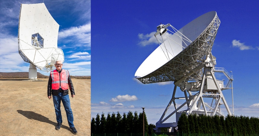 Prof. Krzysztof Katarzyński na tle pierwszego radioteleskopu systemu SKA Mid w Karoo w Republice Południowej Afryki. Na drugim zdjęciu radioteleskop RT4 Kopernik w Piwnicach fot.fot. Zdjęcie: SKAO/Bruce Boyd/Andrzej Romański Kolaż zdjęć - na jednym z nich widać prof. Katarzyńskiego stojącego na tle radioteleskopu w RPA, a na drugim zdjęciu jest radioteleskop w podtoruńskich Piwnicach