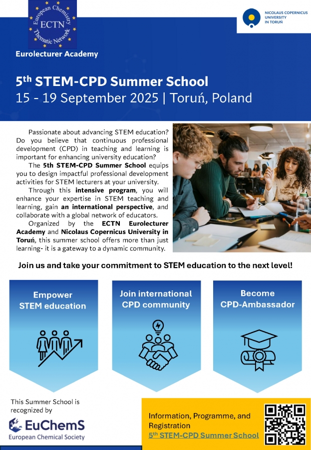 STEM-CPD Summer School Flyer of the 5th STEM-CPD Summer School; group of teachers working on a project, learning objectives of the school