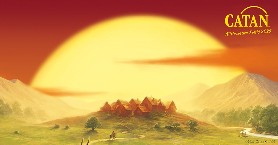 Eliminacje do Mistrzostw Polski w grę Catan 2025 na grafice fragment okładki gry Catan - wiejski widoczek z zachodem słońca