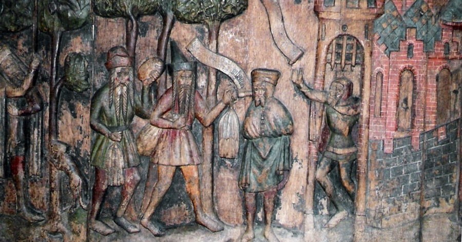 Stralsund, right panel of the Riga traders' pew photo:Background: Nikolaikirche, Stralsund, Right panel of the Riga traders' pew; photo by Klugschnacker, CC BY-SA 2.5 Stralsund, right panel of the Riga traders' pew