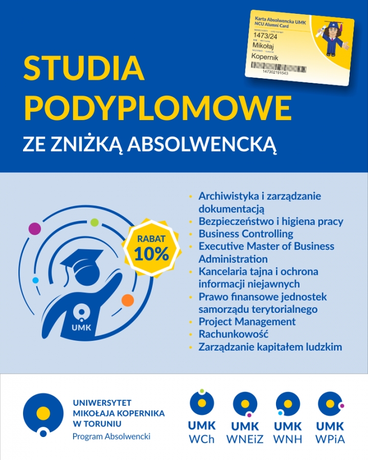 na grafice nazwy studiów podyplomowych, które oferują zniżki 10%