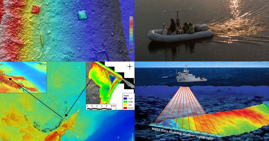 Dzięki systemowi Multibeam Echo Sounder archeologiczne badania terenowe będą sprawniejsze i bardziej precyzyjne fot.fot. Nadesłane Kolaż złożony z czterech ilustracji: jednego zdjęcia, na którym widać płynących łódką ludzi oraz trzech grafik pokazujących obraz wygenerowany przez sondę