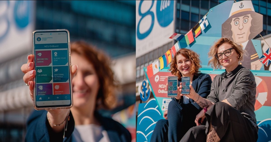 Application NCU OnBoard is designed to help foreign nationals adapt to life at the University photo:fot. Krzysztof Fabisiak Two pictures: the left one presents application opened on smartphone, right one shows two people sitting in a front of rector's office with phones and opened app