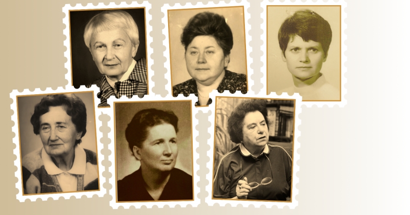 Zdjęcie przedstawia sześć portretów kobiet-naukowczyń z Wydziału Nauk Historycznych UMK, ułożonych w formie znaczków pocztowych na beżowym tle.