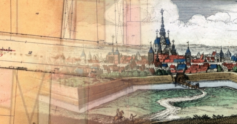 Dwa przenikające się obrazy - z lewej fragment planu godezyjnego Torunia, z prawej widok nowożytnej kolorowej ryciny przedstawiającej miasto z bastionami i fosą.