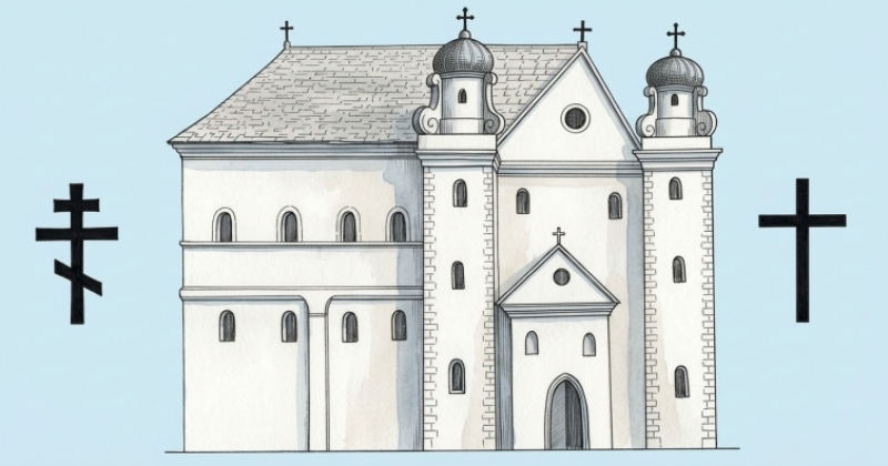 Czarno-biały, liniowy rysunek historycznej cerkwi św. Mikołaja w Brześciu, przedstawiony na jednolitym, jasnoniebieskim tle. Po lewej stronie budynku znajduje się czarny krzyż prawosławny, a po prawej stronie czarny krzyż łaciński.
