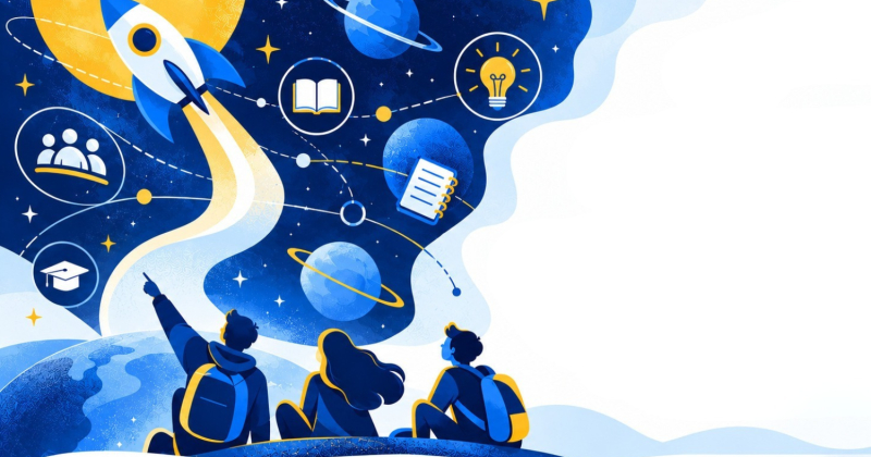 Grafika przedstawia troje studentów obserwujących start rakiety w kosmicznej scenerii, wśród symboli nauki, wiedzy, współpracy i edukacji akademickiej, nawiązujących do rozwoju oraz rozpoczęcia studiów