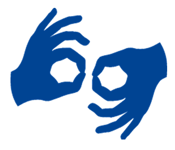 Logo tłumacza migowego. Niebieskie dłonie na białym tle.
