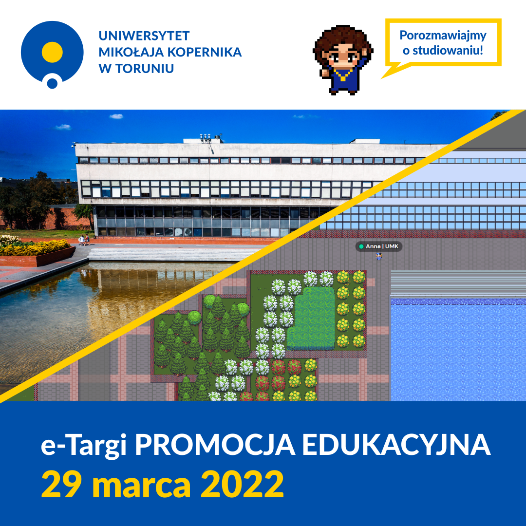 Połączone zdjęcie oraz grafika w stylu pixel art przedstawiające Bibliotekę UMK i basen przed biblioteką. Kliknij, aby powiększyć.