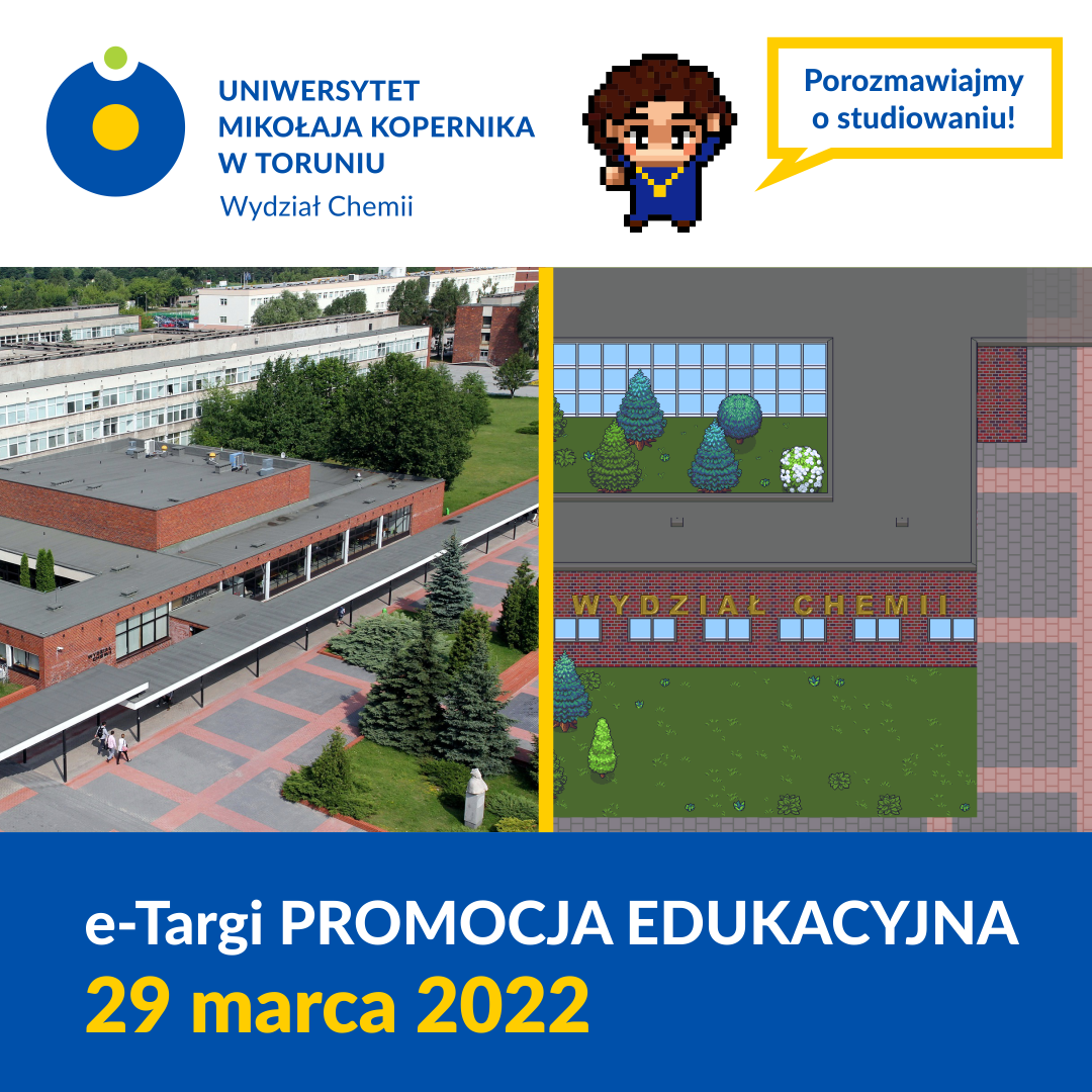 Połączone zdjęcie oraz grafika w stylu pixel art przedstawiające Wydział Chemii UMK. Kliknij, aby powiększyć.