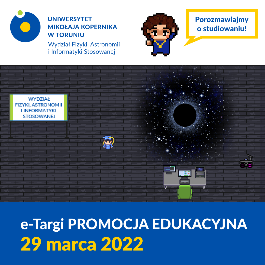 Wydział Fizyki, Astronomii i Informatyki Stosowanej, Uniwersytet Mikołaja Kopernika w Toruniu. Grafika w stylu pixel art. Kliknij, aby powiększyć.