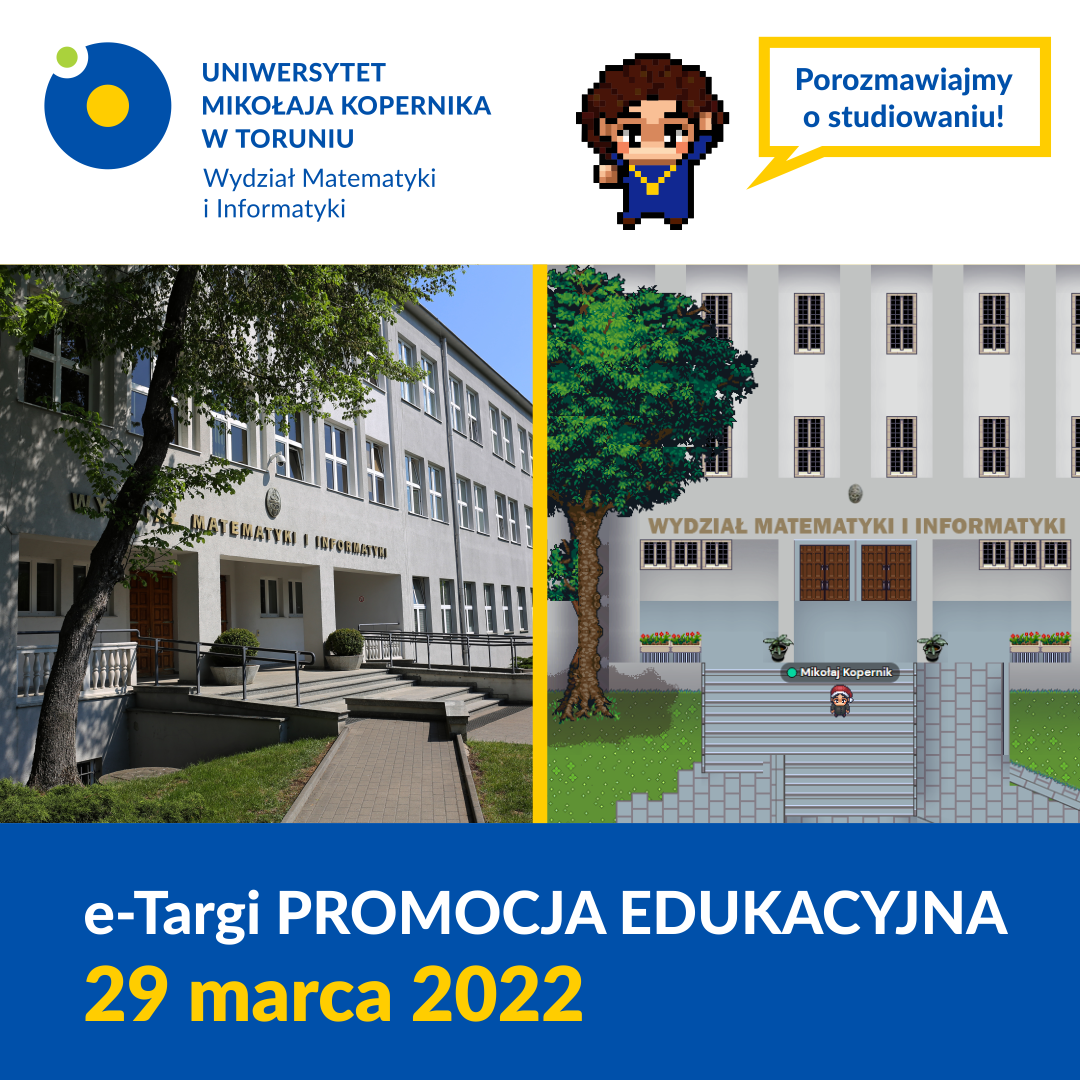 Połączone zdjęcie oraz grafika w stylu pixel art przedstawiające Wydział Matematyki i Informatyki. Kliknij, aby powiększyć.