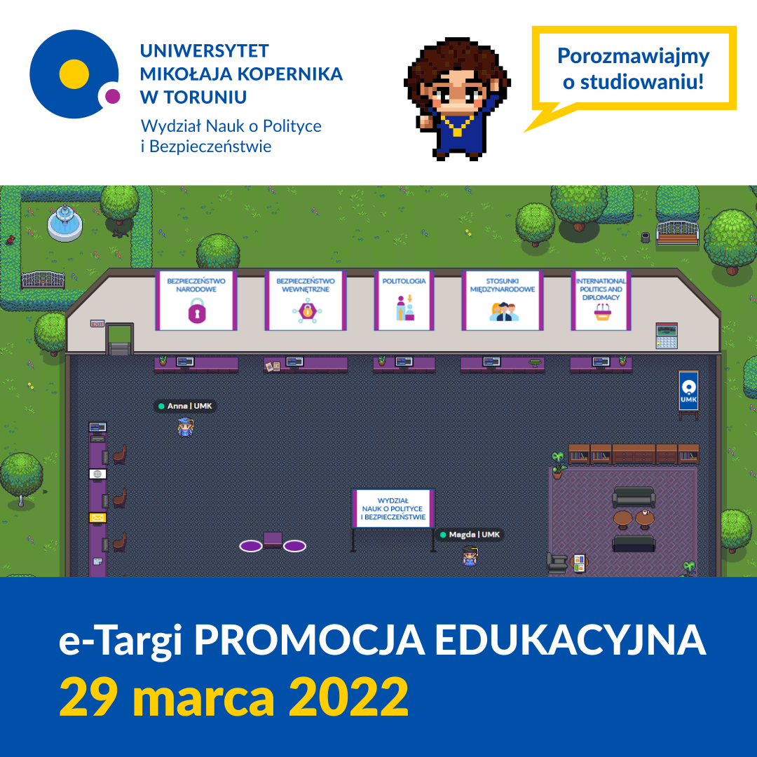 Wydział Nauk o Polityce i Bezpieczeństwie, Uniwersytet Mikołaja Kopernika w Toruniu. Grafika w stylu pixel art. Kliknij, aby powiększyć.
