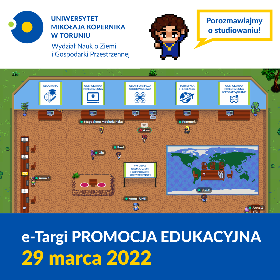 Grafika w stylu pixel art przedstawiająca Wydział Nauk o Ziemi i Gospodarki Przestrzennej. Kliknij, aby powiększyć.