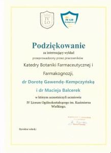 Podziękowania za organizację warsztatów dla uczniów szkół średnich. Kliknij, aby powiększyć zdjęcie.
