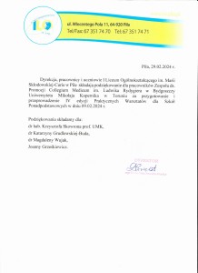 Podziękowania za organizację warsztatów dla uczniów szkół średnich. Kliknij, aby powiększyć zdjęcie.