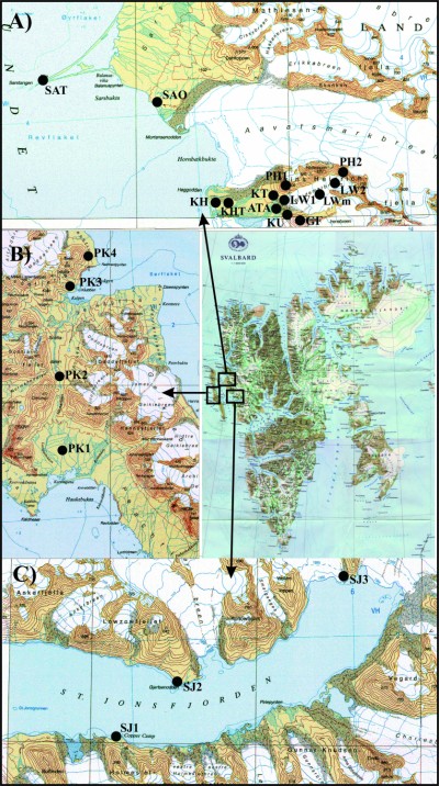 Location of meteorological sites used in this study shown on a topographic map produced by the Norwegian Polar Institute 