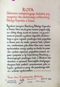 Rota ślubowania immatrykulacyjnego studentów z inauguracji drugiego roku akademickiego 1946/47 na UMK, Toruń 19 października 1946 r. [fot. Weronika Krajniak]