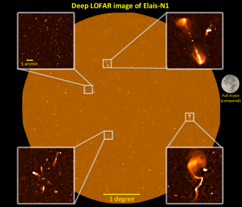 Załączone zdjęcie przedstawia najgłębszy obraz LOFAR-a, jaki kiedykolwiek wykonano, w rejonie nieba zwanym  [fot. Philip Best, Jose Sabater, and the LOFAR surveys team]