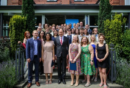 The picture shows a group of several dozen grantees of the Polish-U.S. Fulbright Commission gathered on the stairs in front of the ambassador's residence in Warsaw. In the center, in the front row, there is Alison McIsaac next to Ambassador Marek Brzeziński. Click to zoom the picture.