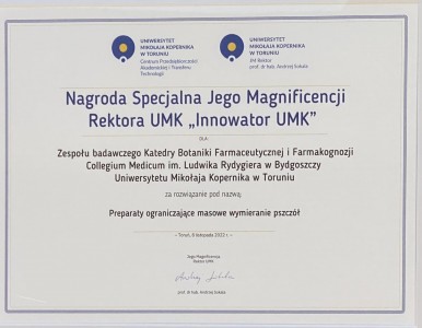 Nagroda specjalna dla Katedry Botaniki Farmaceutycznej i Farmakognozji CM UMK . Kliknij, aby powiększyć zdjęcie.